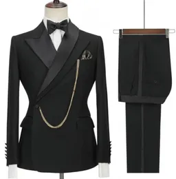 Brand New Double collar design Men Wedding Tuxedos Black Groom Wear Fashion Men Blazer 2 Piece Suit Prom/Dinner Dress Custom Made Formal clothing Jacket Pants Tie 69