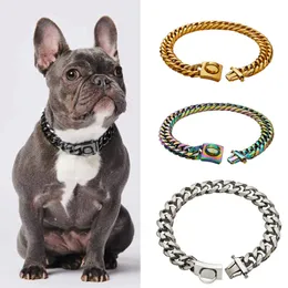 Coleiras para cães Coleira de corrente de ouro Design de luxo Aço inoxidável 18 K 16 MM Acessórios para joias Cuba pesada para cães de médio porte Cão