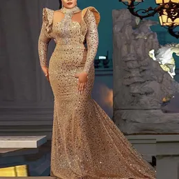 Gillter Gold Sequined Mermaid Prom -klänningar Aso Ebi Arabia Long Sleeves Robe de Soiree Sparkly Women Party Dress Sweep Train