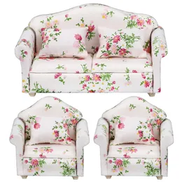 SOFA miniatyrmöbler för dollhouse hantverksverktyg rosa och grönt blommakluster blommig soffa med kudde 1222898