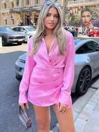 Pink Satin Shirt Dress Women Writ V Neck A Dresses Female Fashion Elegant Long Sleeve Party Mini Robe 2022 Outfits T220819