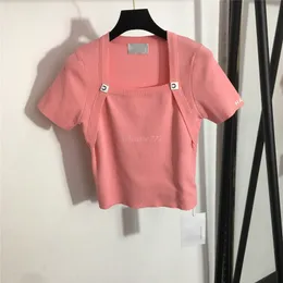 Kadınlar Yaz Tee Örgüler Tasarımcı Kristal Mektup Düğmeleri ile Üstler Kızlar Milan Pist Tasarımcı Üst Gömlek Yüksek Uç Uç Yüzey Boyun Kısa Kollu Streç Pullover T-Shirt