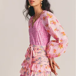 Casual Dresses Autumn Floral Print Long Sleeve Ruffled Mini Dress Patchwork A-line Women DressCasual