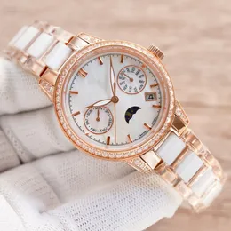 Fashion Classic Women's Watch 35mm 9100 Moon Phase Function Mechanical Movement Sapphire Mirror Ceramic Band Life Water Resistant 100 Meters woman luxury watches