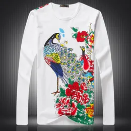 Camisetas masculinas de personalidade de pavão de estilo chinês Impressão de pavão de manga longa Autumn 2022 Boutique de algodão de qualidade Men M-4xlmen's