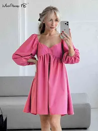 mnealways18 퍼프 슬리브 휴가 드레스 여자 루치 v- 넥 핑크 미니 드레스 가을 2022 섹시 숙녀 캐주얼 한 느슨한 드레스 그린 T220819