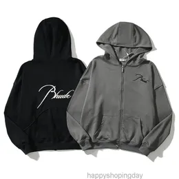 R￤tt version Rhude Bullet Zipper Letter Brodery Hoodie High Street Niche Fashion Loose Jacket