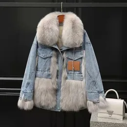 Womens Jackets Winter Fur Coat Denim Stitching Big Collar Korean Loose Cotton Women Long 220829