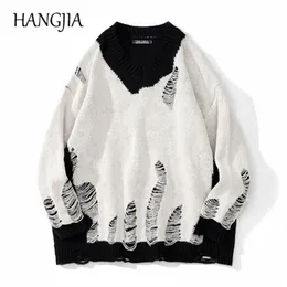 Black White Patchwork Pullovers Sweaters Washed Destroyed Ripped Sweater Men Harajuku Hole Knit Jumpers for Women Oversized 220822