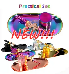 Rainbow Launched Smoking Set Metal Herb Grinder Rainbow Rolling Tray Bling Blunt Holder F0822