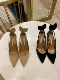 Woman pop heels sexy sandal pointed toe aquazzuras Bow Tie 105mm cutout leather pumps slingback wedding party dress pump black nude sude leather