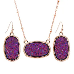 Earrings & Necklace Oval Style Resin Druzy Drusy Pendant Hexagon Druse Charms Rose Gold Drop Fashion Jewelry Set GiftEarrings