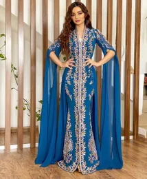 Elegant Arabic Kaftan Mermaid Evening Dresses Chiffon Long Sleeves Golden Lace Appliques Caftan Moroccan Turkey Prom Dress Split Front Formal Party Gowns