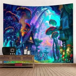 3D Psychedelic Fairytale Mushroom World Teppich Wandbehang Kunstdruck Ästhetische Raumdekoration Dekoration Wandbild 95X73 J220804