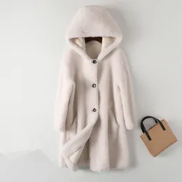 Women Winter Lamb Fur Coat Female Korean Hooded Granule Sheep Shearing Jacket Loose Mid-Length Warm Outerwear Ladies H1693 220822