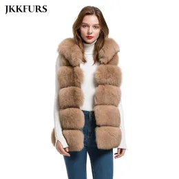 Womens Fur Faux JKKFURS Com Capuz Colete Genuíno Inverno Gilet Senhoras Moda Colete Atacado Varejo S1715 220829