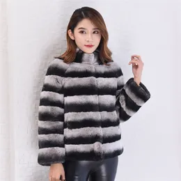 Womens Fur Faux cincillà naturale Rex Rabbit cappotto in vera pelliccia donna giacca corta soprabito collo alto capispalla a righe abbigliamento invernale 220829