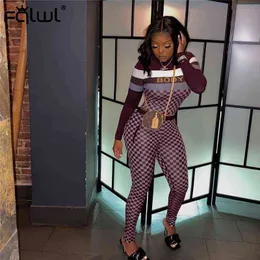 FQLWL Plaid Print 2 Deux Pièces Ensemble Femmes Tenues Streetwear À Manches Longues Crop Top Leggings Femmes Automne Dames Survêtements Femme 22H0822