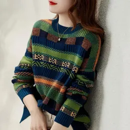 Pullover Herbst Winter Persönlichkeit Kontrast Farbe Gestreiften Rundhals Langarm Lose Pullover Gestrickte Top frauen Kleidung 220822