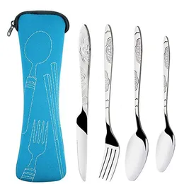 4Pcs Portable Stainless Steel Knifes Fork Spoon Set Family Travel Camping Cutlery Eyeful Four-piece Dinnerware Set with Case SN6746