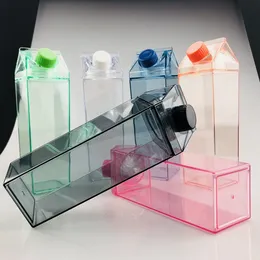 500 مللي علبة حليب بلاستيكية كرتونية حليب أكريليك زجاجة مياه شفافة شفافة مربعة زجاجات عصير للرياضات الخارجية والسفر خالية من BPA