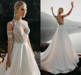 Bohemian Halter Beach Wedding Dress Racer Back Cutout Tasseled crochet Lace Transparent Satin Skirt Boho Bridal Gowns