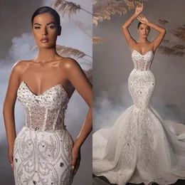 Luxur Crystal Mermaid Wedding Dress Sweetheart Halsbindning p￤rlstav brudkl￤nningar domstol t￥g brud kl￤nningar kl￤der de mariee