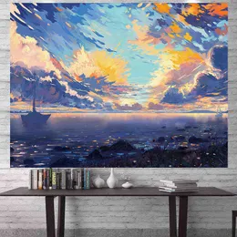 Casa Luna Nube Tappeto Room Decor Mare Paesaggio Appeso a parete Panno Kawaii zione Murale Tarocchi Tapiz J220804