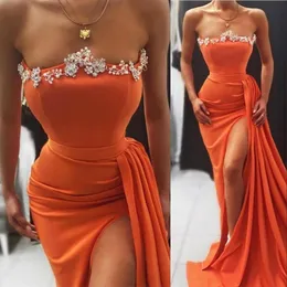 2022 Сексуальные апельсиновые русалочные вечерние платья носить рукавочные боковые боковые бусинки серебряные хрустальные бусины плюс платья для вечеринки для вечеринок