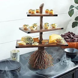 Decorazione per feste a forma di scopa da strega Alzata per torta a 3 livelli Design unico Espositore in resina Torre Snack Bowl Stand Ornamenti di Halloween 220826