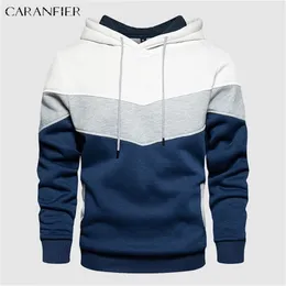 Men's Hoodies Sweatshirts CARANFIER Men's Hoodies Sweatshirts Tri-color Patchwork Drawstring Male Hooded Fleece Pullover Running Tracksuit Fitness Hoody 220826