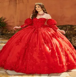 Luksusowe lawendowe sukienki Quinceanera z kwiatami 2022 Sweetheart Puff Sleeves Ball Suknia balowa sukienka Puszysta Czerwona Słodka 15 lat XV Vestidos de 15 anos szatę BAL Medieval