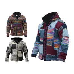 Herrenjacken Lässige Strickmanteljacke für Herren mit langen Ärmeln, Ethno-Farbblock-Baumwollmischung mit Taschen, tägliche Outdoor-Kapuzenjacken für Herren LL220826