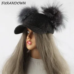 Ball Caps Real Silver Fur Pompom Winter Hat For Women Kids Cartoon Two Pom Poms Baseball Brand Snapback Hip Hop CapBall