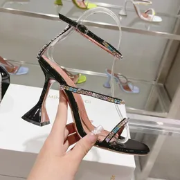 Dream Crystal Sandals Amina Muaddi Top Quality Fashion Bling Rhinestone Dress Shoes Designers smal band 10 cm High Heeled Womens Rom Sanda 445