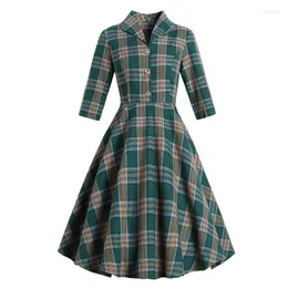 Casual Dresses Turn-down Collar Button Up Green Plaid Autumn Fall Clothes For Women Robe Vintage Elegant 50s Hepburn Retro Swing DressCasual