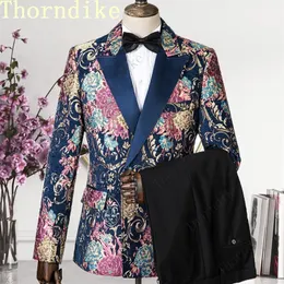 Trajes para hombre Blazers Thorndike Moda Novio Azul marino Jacquard Tuxedos Ropa para hombre Banquete de boda Trajes de padrino terno JacketPantVest 220826