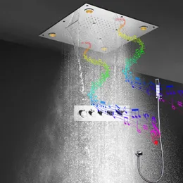 High Quality Music LED Shower Set 24 Inches 600x600mm Multi Functions Rainfall Waterfall ShowerHead Bath Thermostatic Mixer Faucet System