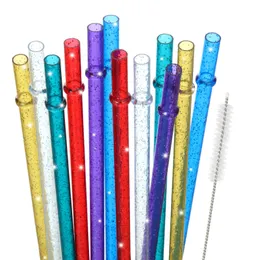 Drinking Straws 11 Inch Reusable Plastic Without Bpa Colorf Glitter For 40/30/24 Oz Jar And Tumblers With Cleaning Brush Cleaner Gold Dark amuNK