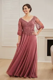 Generous V Neck Mother of the Bride Dresses Lace Applique Three Quarters Evening Party Formal Gowns for Women Chiffon A Line Prom Gowns