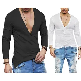 Herr t-shirts oss lager mode män avslappnad smal passform lång ärm djup v-ringning sexig skjorta t-shirts 220920