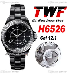 TWF J13 H6526 A12.1 자동 유니osex 시계 남성 숙녀 38mm 한국 세라믹 다이아몬드 베젤 블랙 번호 다이얼 세라믹 팔찌 슈퍼 에디션 여성 시계 Puretime D4