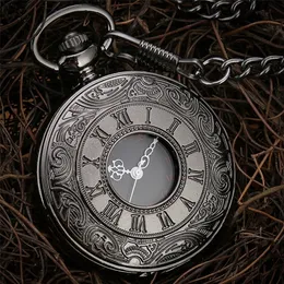 Pocket Watches Black Roman Numbers Quartz Watch Men Women Case Hollo