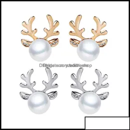 Pendientes de tachuelas Joyas de lujo Pearl Antlers de Navidad Elk Elk Animal Rhinestone Crystal Sier para mujeres Fashion