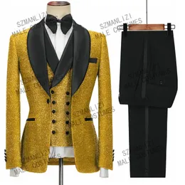 Abiti da uomo Blazer Bellissimi abiti da uomo in oro lucido Abiti da sposa per uomo Scialle con risvolto 3 pezzi Slim Fit Smoking da festa per uomo Abiti da sposo Sposo 220826