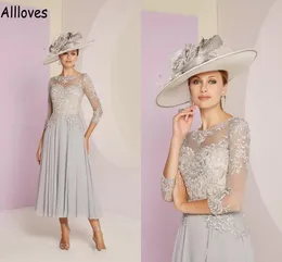 Elegant Chiffon A Line Mother Dresses With 3/4 Long Sleeves Lace Appliqued Women Wedding Guest Party Gowns Tea Length Plus Size Mother Of the Bride Dress CL0998