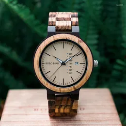 손목 시계 Bobo Bird Wooden Men Watch Fashion Business Week 및 Date Display Quartz Timepiece Customize Logo Relogio Masculino