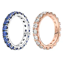925 Sterling Silver Blue Stone Row Eternity Rings Womens Wedding Designer Jewelry Scatola originale per Pandora Anello in oro rosa Set regalo di fidanzamento