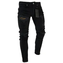 Men's Jeans Black Stretch Skinny Fit Bottom Zipper Jeans Men Knee Ripped Distressed Hole Biker Jeans Pants Hip Hop Street Big Size XXXL 220827
