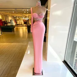 Vestidos de noite sexy rosa Uma manga comprida, lanterna de cetim, comprimento de cetim, apliques com mi￧angas brilhantes 3d Sexy Celebrity Plus Size Size Party Prom Dress